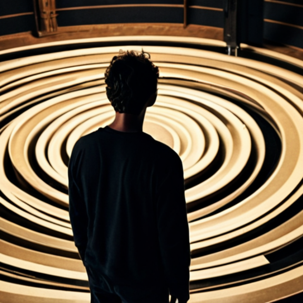 **Prompt:** A lone actor in a vast, dimly lit rehearsal space, appearing deeply introspective. Abstract, swirling emotional currents and fragmented memories subtly surround them, symbolizing their journey of inner exploration and character development. The atmosphere is one of profound solitude and artistic vulnerability. Cinematic, dramatic lighting, subtle dreamlike elements.