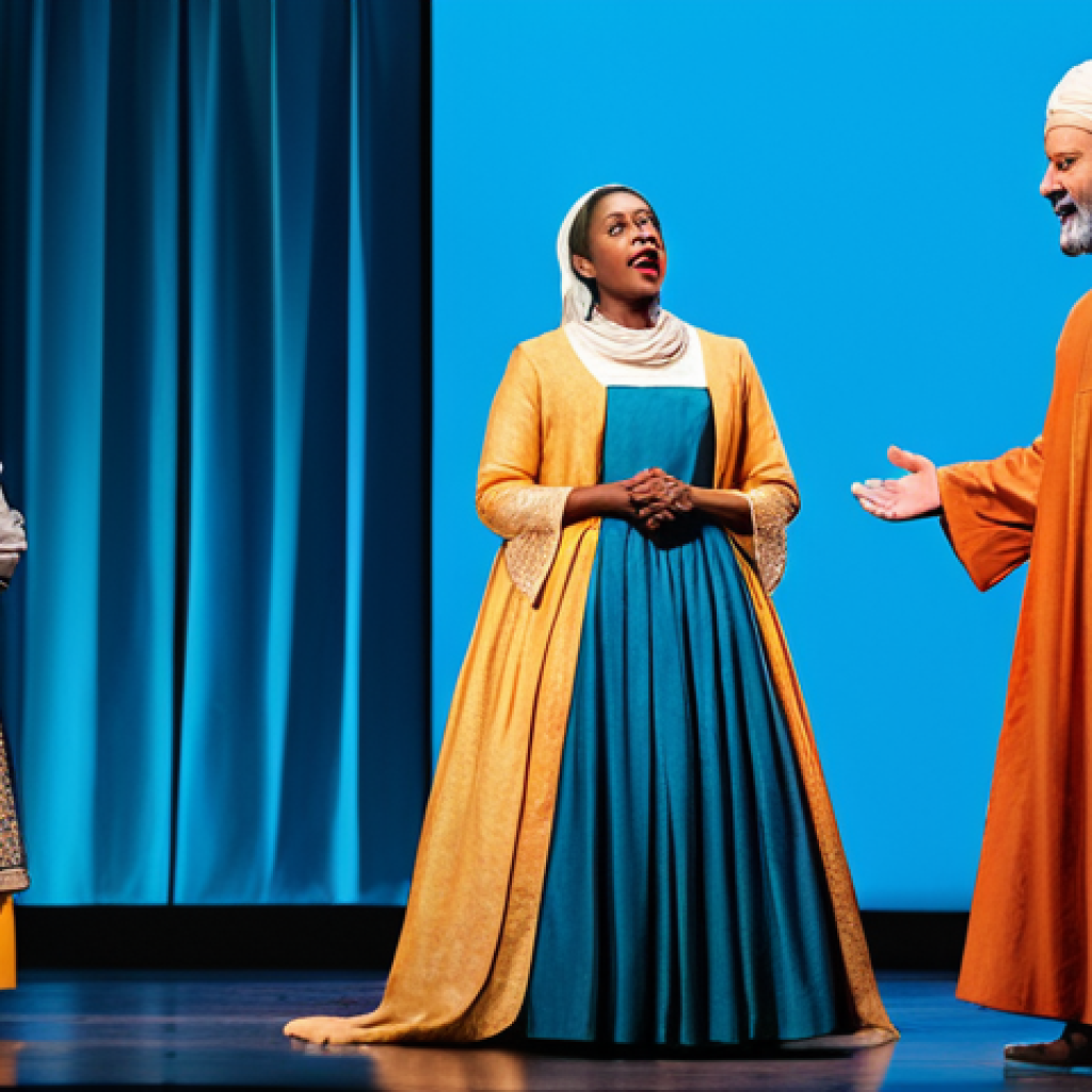 연극배우와 문화 다양성 연극 - "A diverse cast of actors performing a play about cultural understanding on a brightly lit stage, fu...