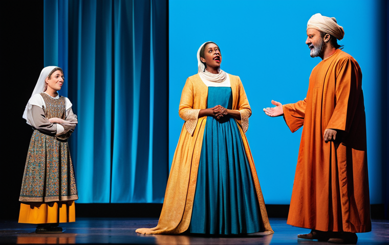 연극배우와 문화 다양성 연극 - "A diverse cast of actors performing a play about cultural understanding on a brightly lit stage, fu...