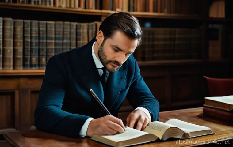 연극배우를 위한 책 추천 - A focused male actor in his mid-30s, dressed in smart-casual attire (e.g., a fitted blazer over a pl...