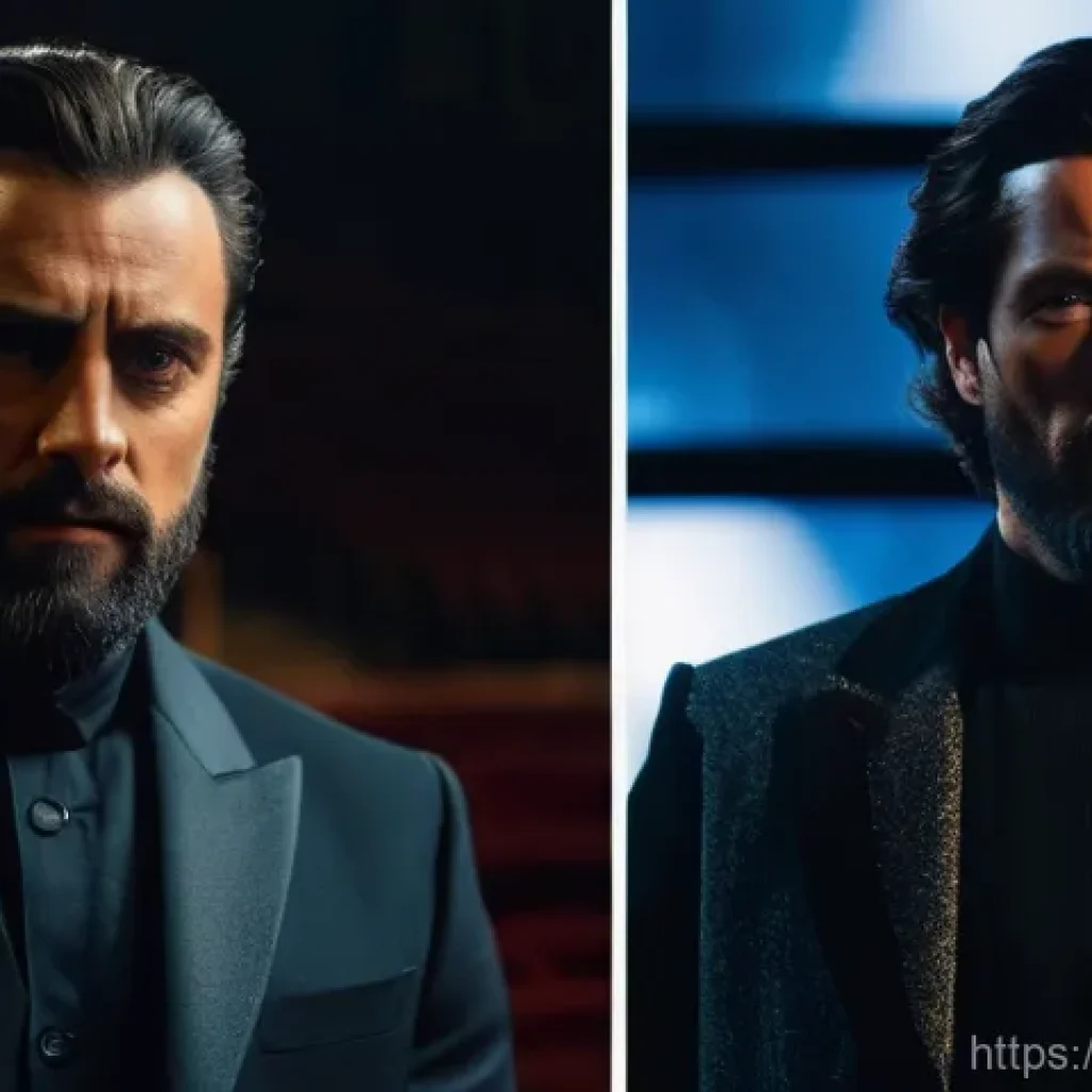 연극배우의 장르별 연기 도전 - An actor, male, in his late 30s, stands in a dynamic split image. On the left, he is on a dimly lit ...