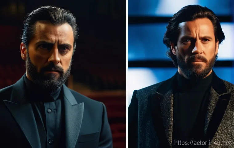 연극배우의 장르별 연기 도전 - An actor, male, in his late 30s, stands in a dynamic split image. On the left, he is on a dimly lit ...