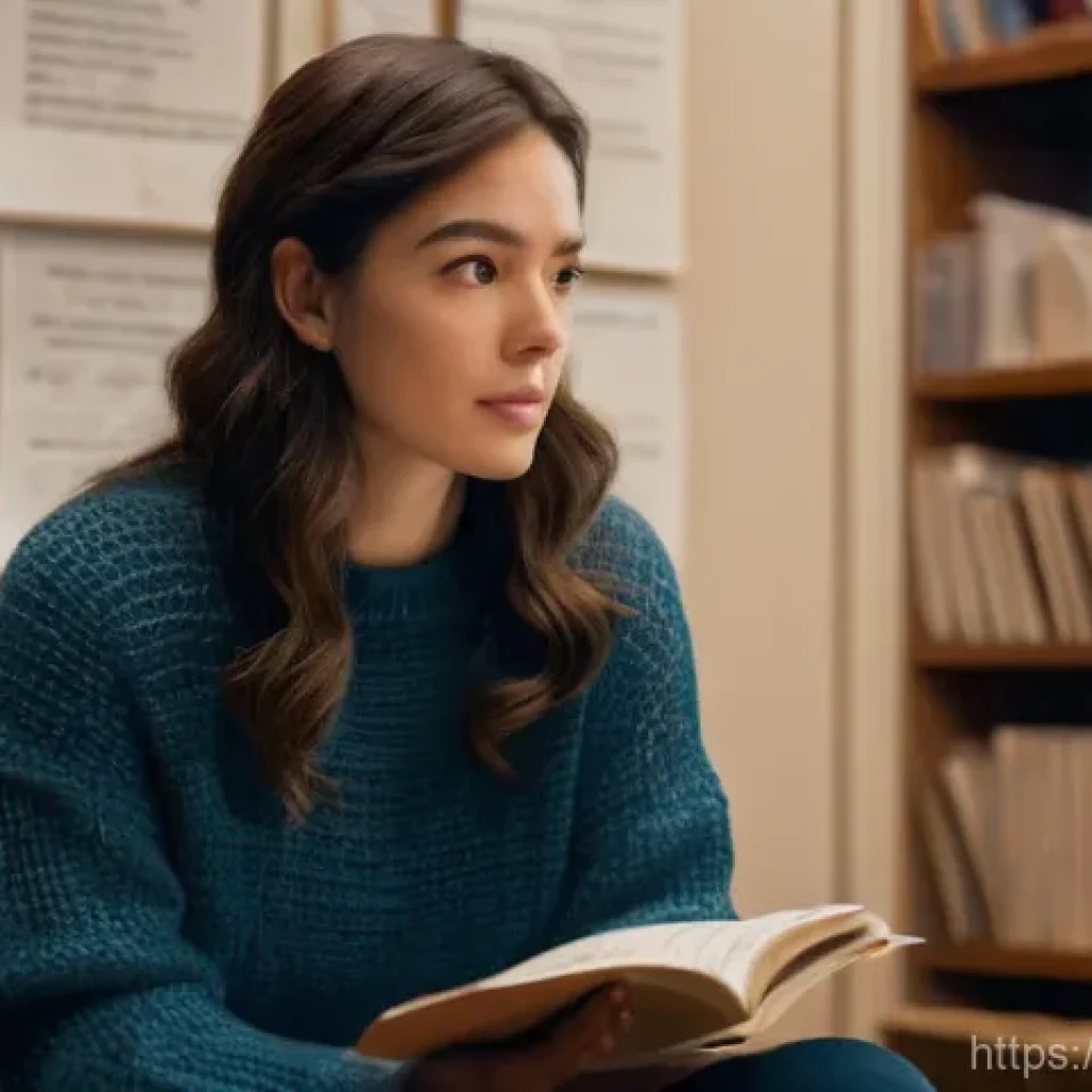 연극배우의 공연 리허설 준비 - A focused female theater actress, in her late 20s, sits in a cozy, softly lit rehearsal room, surrou...