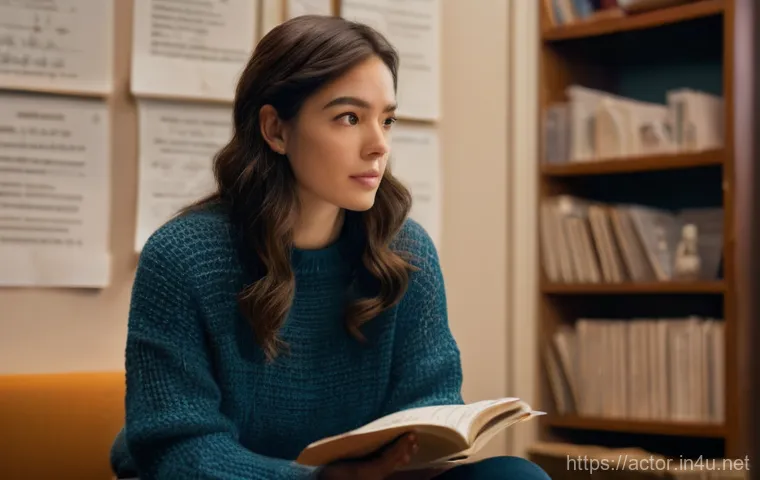 연극배우의 공연 리허설 준비 - A focused female theater actress, in her late 20s, sits in a cozy, softly lit rehearsal room, surrou...