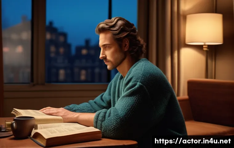 연극배우 일과 - **A concentrated theater actor in their cozy apartment during an early morning routine.** They are p...